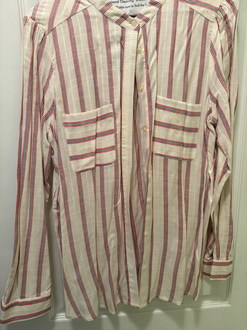 LOFT Cream Button-Down Shirt with Red and Navy Stripes